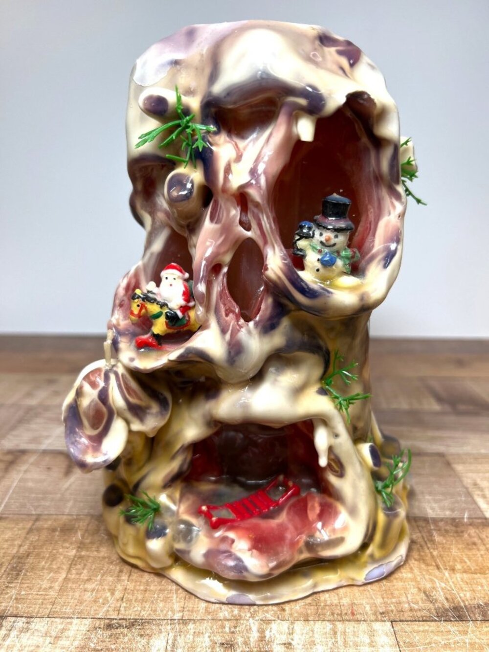 VTG Christmas-Themed Carved Wax Candle With Santa & Snowman Figurines 9.25''